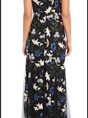 Adrianna Papell Floral Embroidered Black Maxi Dress